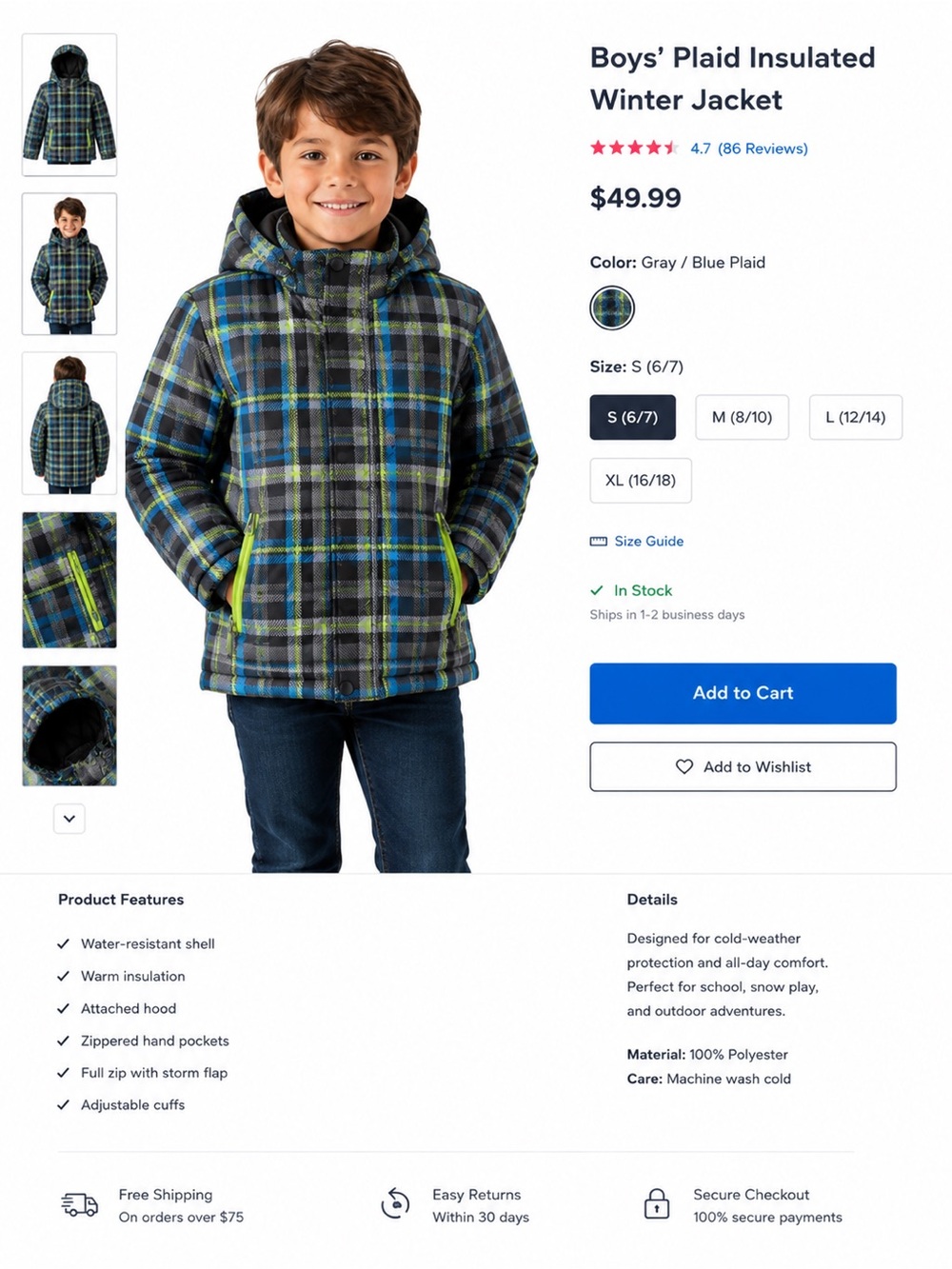 Boys' Gray & Blue Plaid Insulated Winter Jacket
